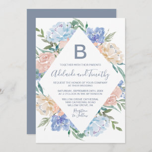 Invitation Mariage de monogramme de diamant bleu Dusty