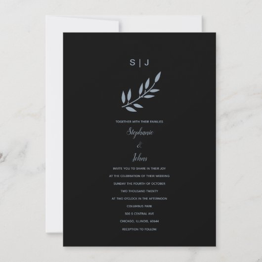 Invitation Mariage de monogramme de feuille bleue noir Dusty  (Devant)