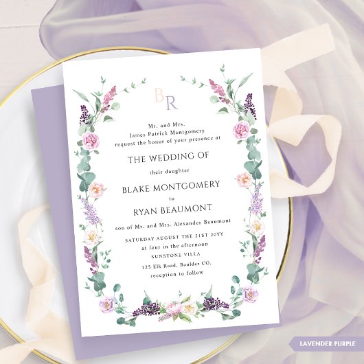 Invitation Mariage de monogramme de fleurs violettes de lavan