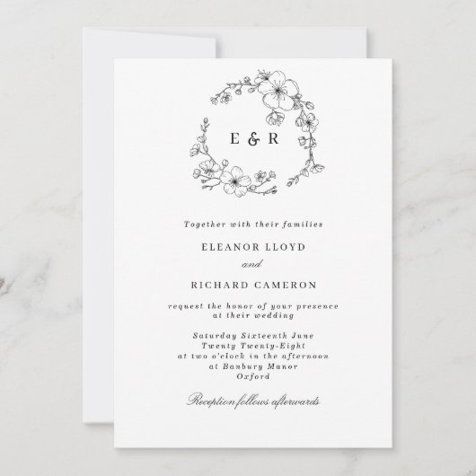 Invitation Mariage de monogramme de germe noir et blanc (Devant)