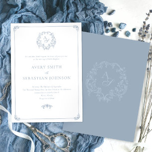 Invitation Mariage de monogramme de la crête bleue Dusty