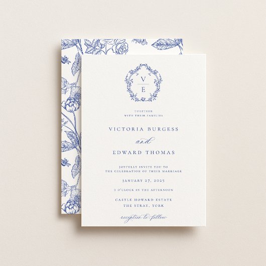 Invitation Mariage de monogramme de la crête bleue Regency