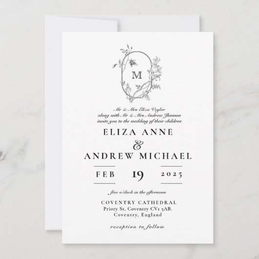 Invitation Mariage de monogramme de la crête florale (Devant)