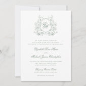 Invitation Mariage de monogramme de la crête florale verte de (Devant)