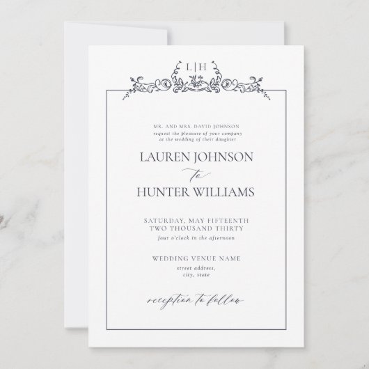 Invitation Mariage de monogramme de la frontière florale bleu (Devant)