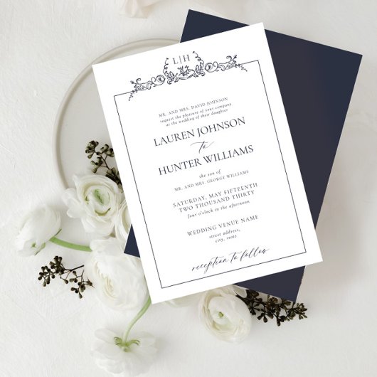 Invitation Mariage de monogramme de la frontière florale bleu