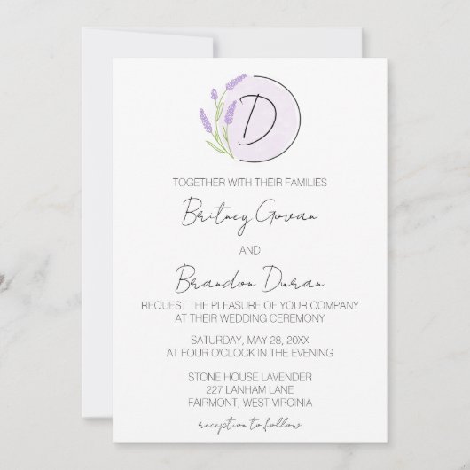 Invitation Mariage de monogramme de lavande (Devant)