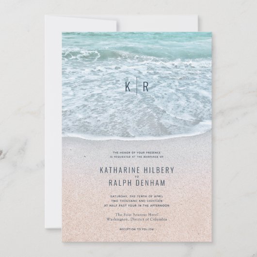 Invitation Mariage de monogramme de plage de sable et d'océan (Devant)
