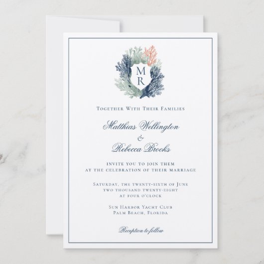 Invitation Mariage de Monogramme de plage marine (Devant)