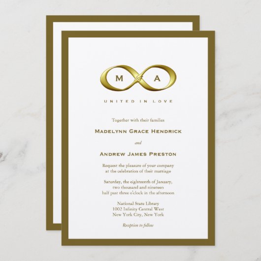 Invitation Mariage de monogramme de poignée d'infinité or dor (Devant / Derrière)