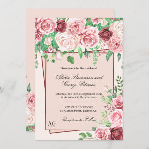 Invitation Mariage de monogramme de roses roses roses bleues 