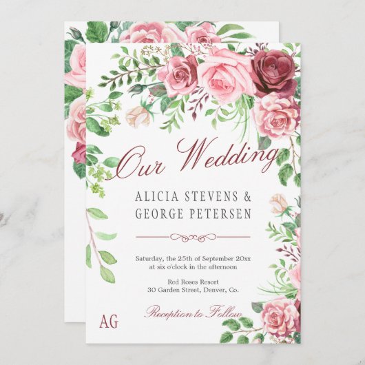 Invitation Mariage de monogramme de roses roses roses roses r (Devant / Derrière)
