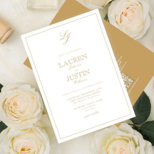 Invitation Mariage de monogramme de script or classique QR Co
