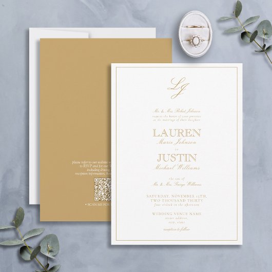 Invitation Mariage de monogramme de script or classique QR Co