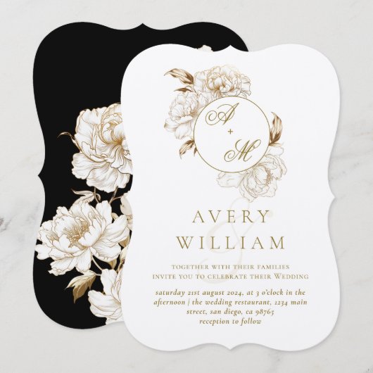 Invitation Mariage de Monogramme d'or blanc (Devant / Derrière)