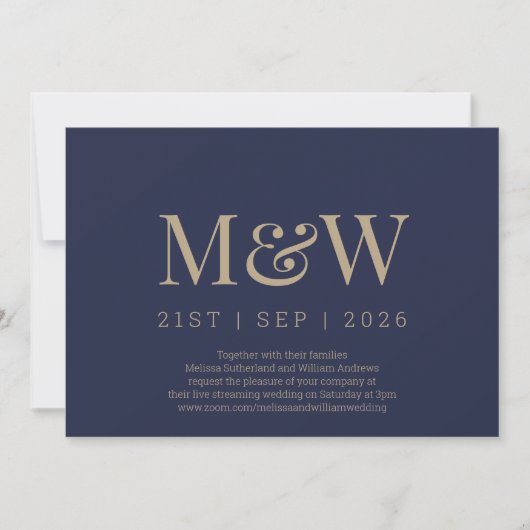 Invitation Mariage de monogramme d'or Virtual Modern Navy (Devant)