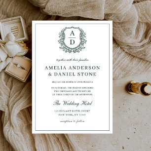 Invitation Mariage de monogramme Emerald Green Floral Crest