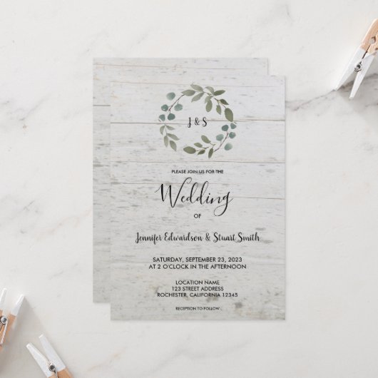 Invitation Mariage de monogramme en bois feuille rustique (Devant/Arrière en situation)