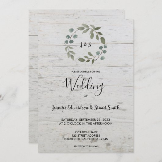 Invitation Mariage de monogramme en bois feuille rustique (Devant / Derrière)