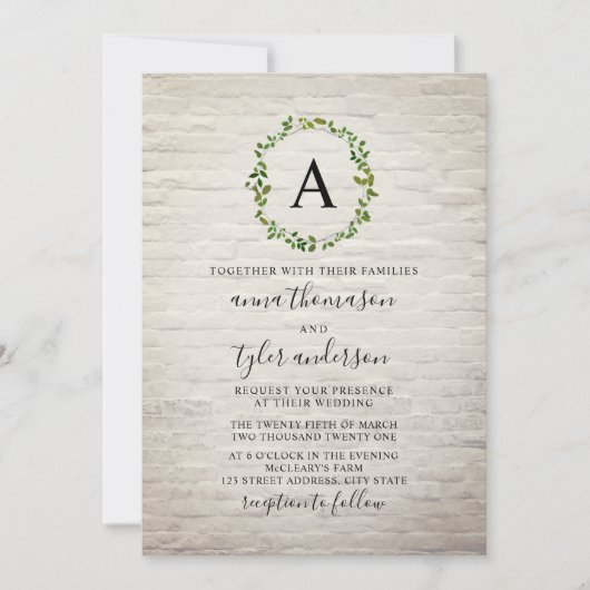 Invitation Mariage de monogramme en briques blanches (Devant)