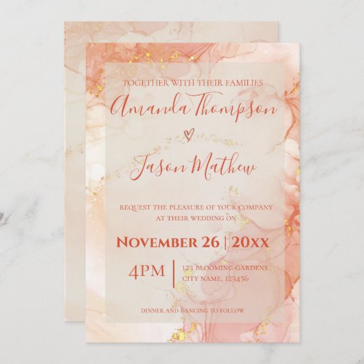 Invitation Mariage de monogramme en marbre or orange Peach (Devant / Derrière)