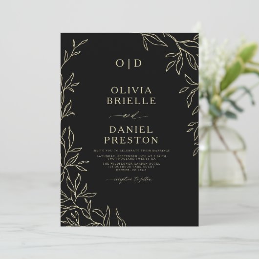 Invitation Mariage de monogramme en or noir élégant QR Code (Debout devant)