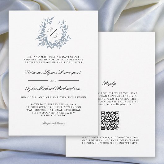 Invitation Mariage de monogramme en poitrine bleue Dusty