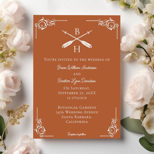 Invitation Mariage de monogramme et flèches orange brûlées