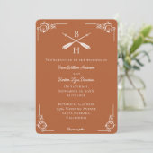 Invitation Mariage de monogramme et flèches orange brûlées (Debout devant)