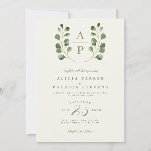 Invitation Mariage de monogramme feuille vert moderne (Devant)