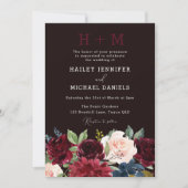 Invitation Mariage de monogramme floral de vin rouge de Bourg (Devant)