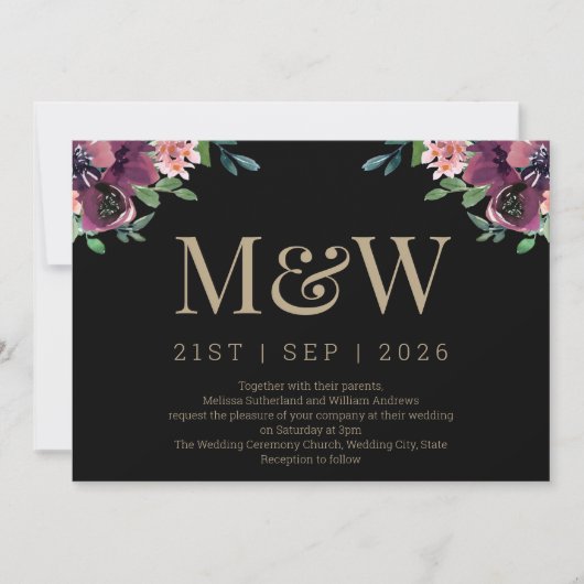 Invitation Mariage de Monogramme Floral d'or de Bourgogne mod (Devant)