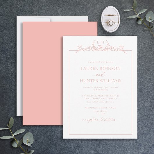 Invitation Mariage de monogramme floral rose pâle