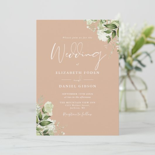 Invitation Mariage de monogramme floral Tan Greenery (Debout devant)