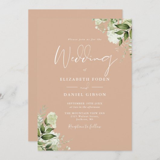 Invitation Mariage de monogramme floral Tan Greenery (Devant / Derrière)
