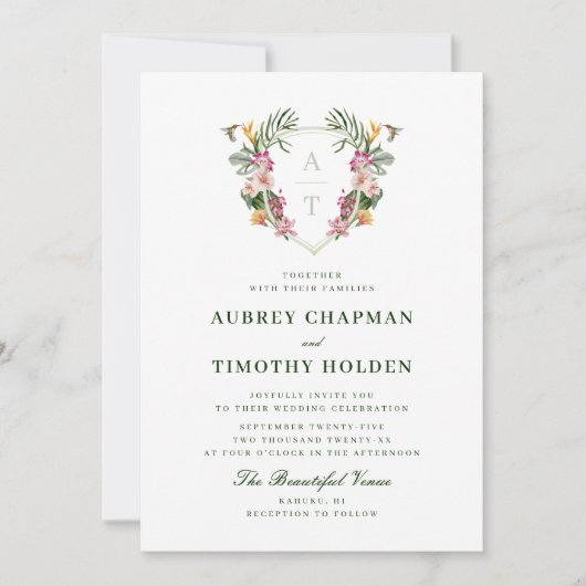 Invitation Mariage de monogramme floral tropical (Devant)