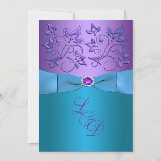 Invitation Mariage de monogramme floral violet, turquoise (Devant)