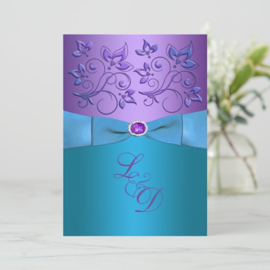 Invitation Mariage de monogramme floral violet, turquoise (Debout devant)