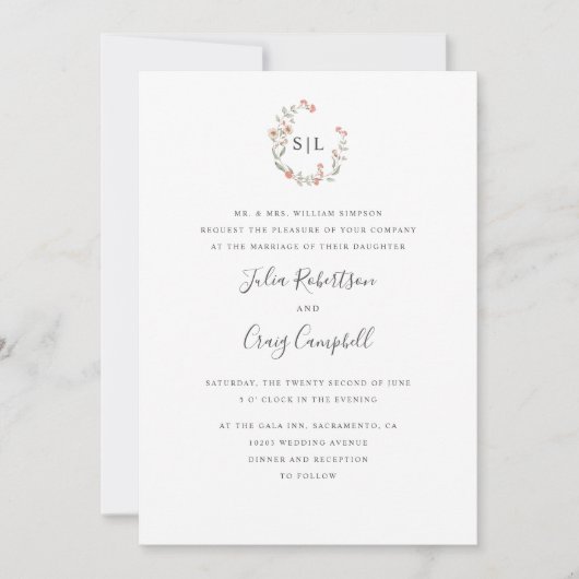 Invitation Mariage de monogramme formel de fleurs blanches (Devant)