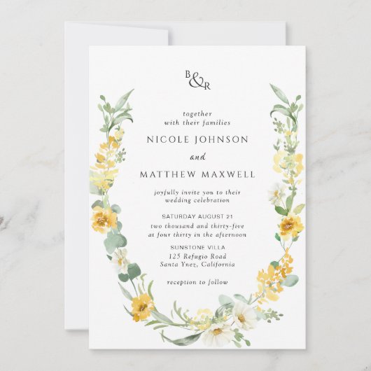 Invitation Mariage de monogramme jaune et blanc chic (Devant)