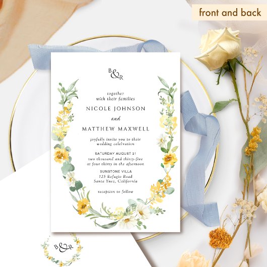 Invitation Mariage de monogramme jaune et blanc chic