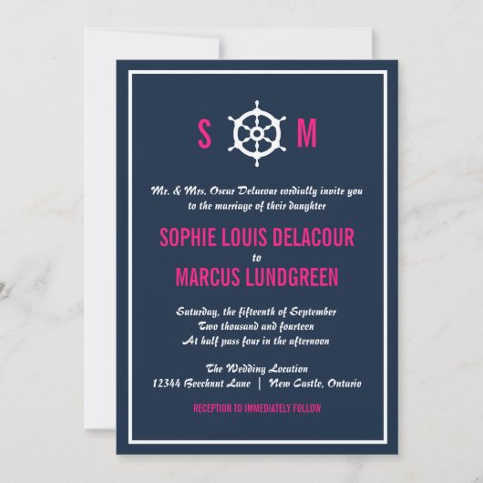 Invitation Mariage de monogramme marine bleu et rose chaud (Devant)