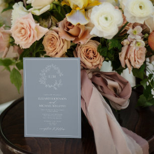 Invitation Mariage de monogramme moderne Dusty Blue Leafy Cre