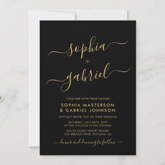 Invitation Mariage de Monogramme moderne noir et or (Devant)