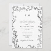 Invitation Mariage de monogramme noir blanc à feuilles minime (Devant)