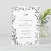 Invitation Mariage de monogramme noir blanc à feuilles minime (Debout devant)