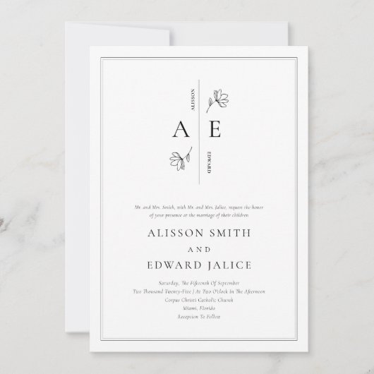 Invitation Mariage de Monogramme noir blanc classique (Devant)