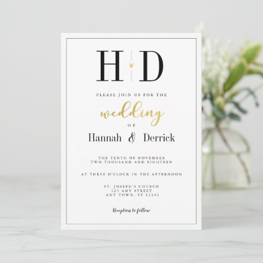Invitation Mariage de monogramme noir blanc et or classique (Debout devant)