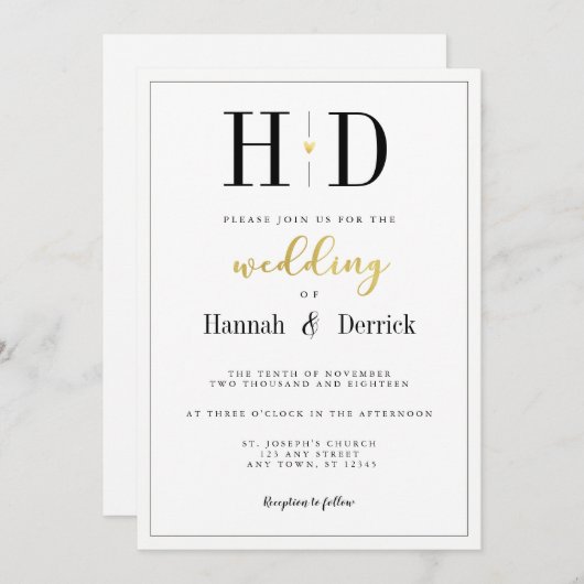 Invitation Mariage de monogramme noir blanc et or classique (Devant / Derrière)