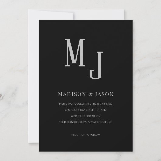 Invitation Mariage de monogramme noir classique simple (Devant)